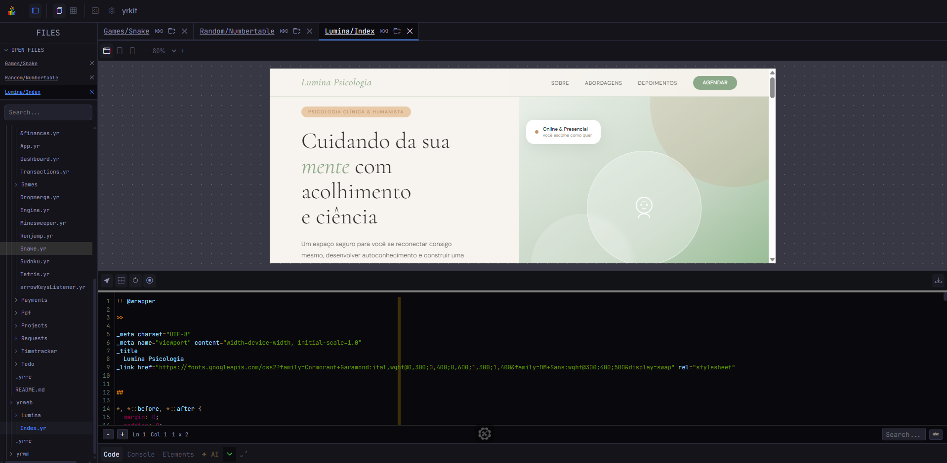 Yrkit IDE showing Lumina Psicologia template
